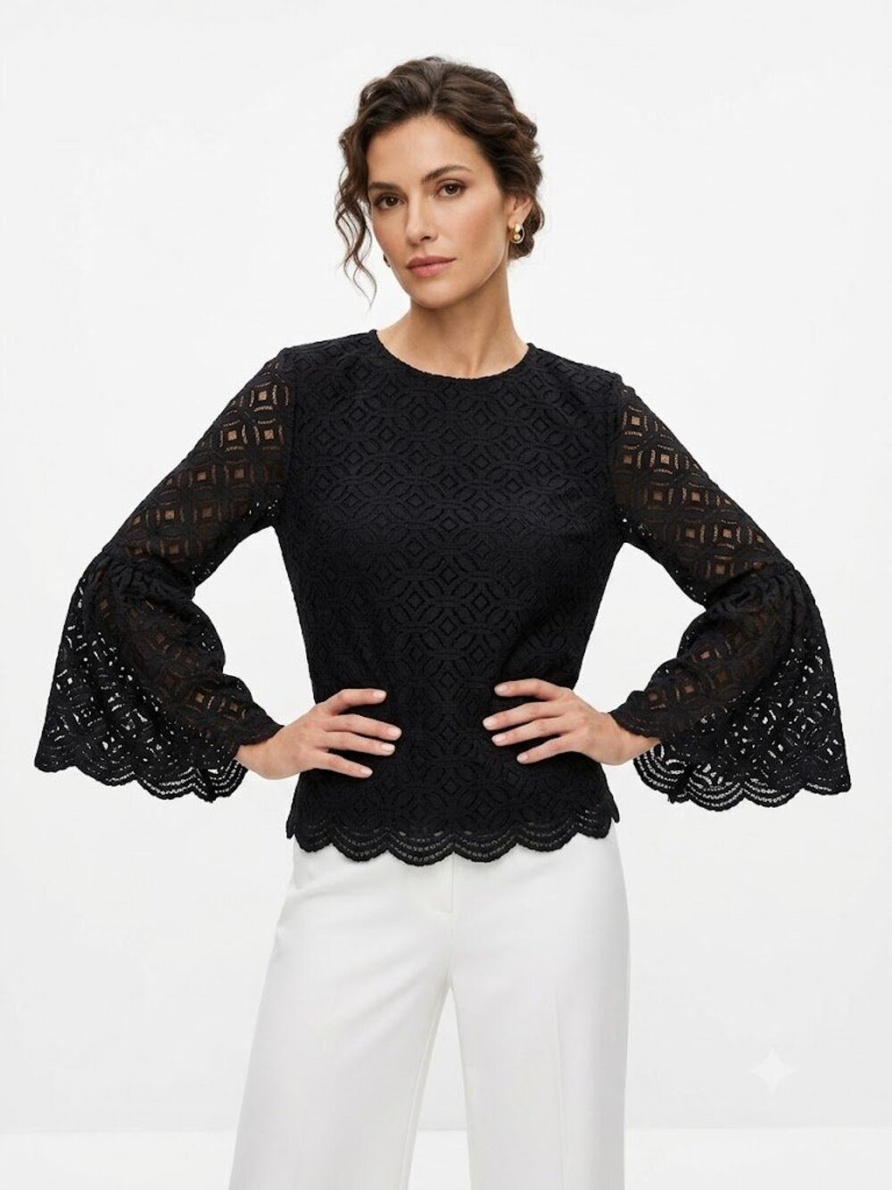 ✨ Vintage-Vibe Black Geometric Lace Bell Sleeve Top ✨